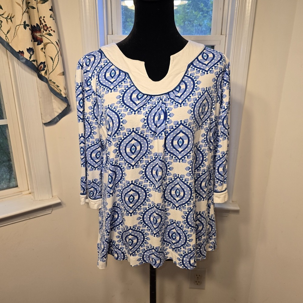 Tommy Hilfiger Blue Medallion‎ Print Tunic Top White Trim 3/4 Sleeve Womens Med